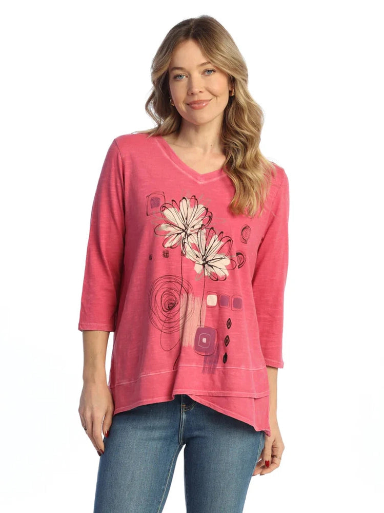 Jess &amp; Jane Wk8-1627 Mia Fusia V-Neck Tulip Hem 3/4 Sleeve Women's Top