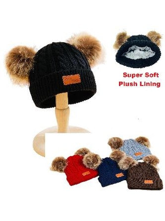 Children's Beanie Hat 2 Pom Pom Knit  6 Colors Wn5111