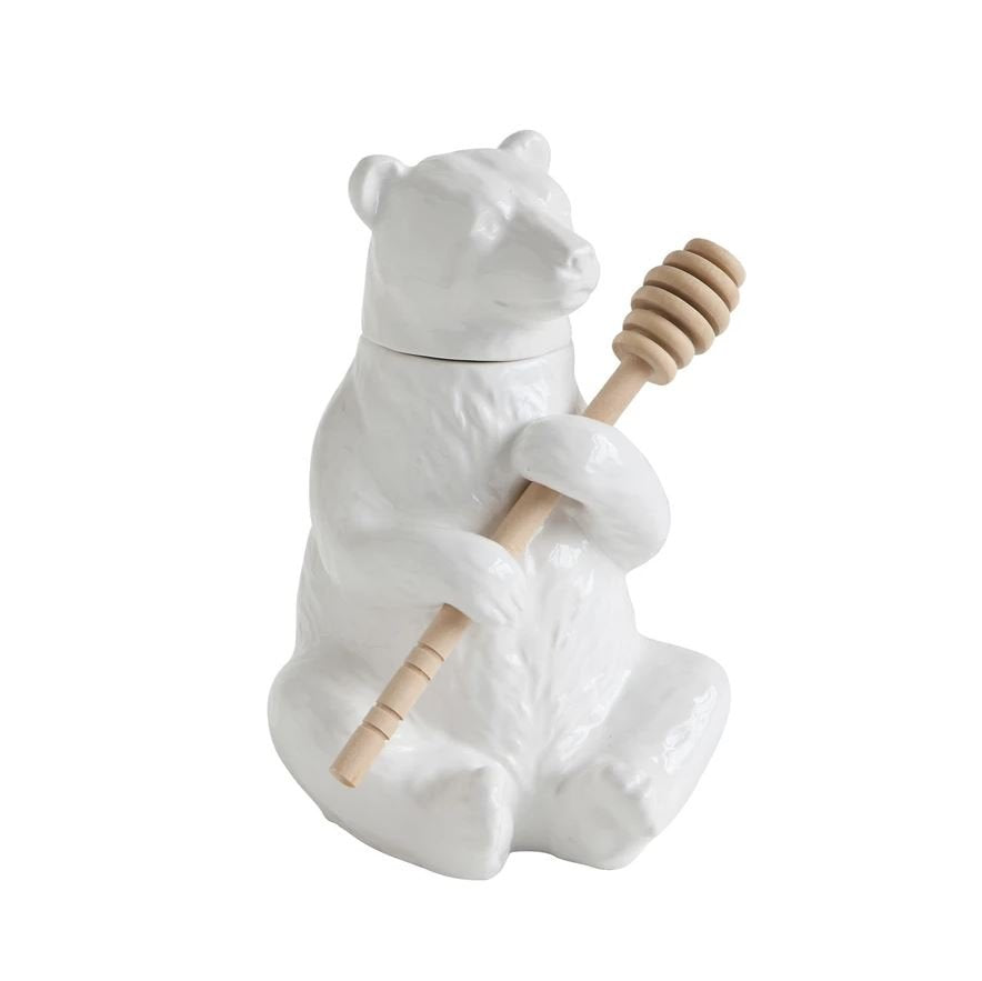 Honey Pot Bear With Bamboo Dipper White Ceramic Da8253 