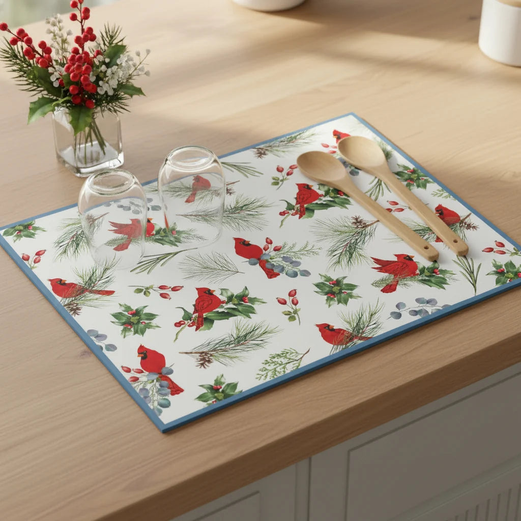 Drying Mat Countertop Micro Fiber Christmas Winter Blue Cardinal H7229