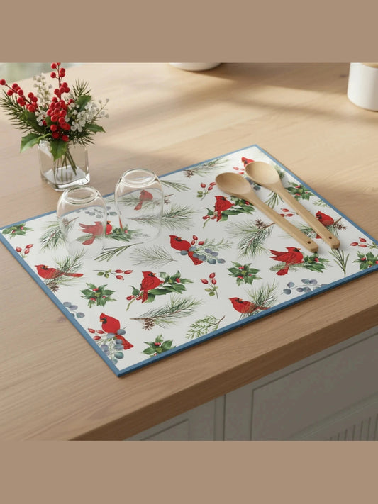 Drying Mat Countertop Micro Fiber Christmas Winter Blue Cardinal H7229