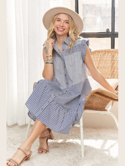 Dress Button Down Blue Plaid Cotton  CED2690 