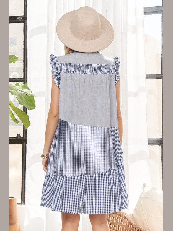 Dress Button Down Blue Plaid Cotton  CED2690 