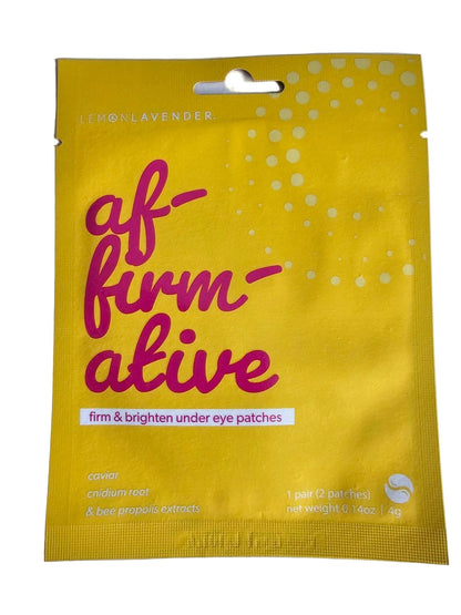 A yellow single-use eye patch packet from Cléy Vander, featuring pink script text that reads 'of- rum- alive' and white text indicating it contains one palm-sized eye patch.