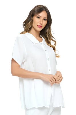 Shirt Collared Camp Button Front Short Sleeve White Women's Hlt20 