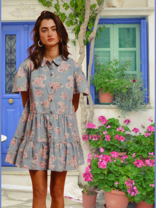 Dress Light Blue Floral Mini Lightweight Tiered Id1532g-07 