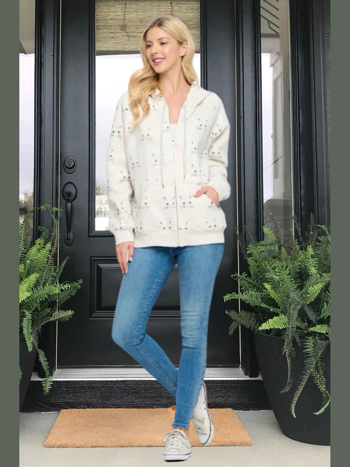 Jacket With Hood 2 Pocket Zipper Front Cats Whiskers Women's HO100 