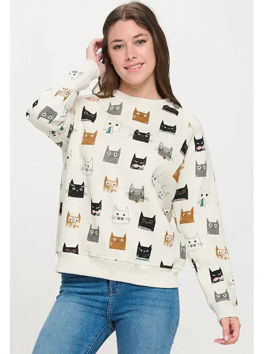 Sweat Shirt Pullover Grey Cute Multi Kitten Face Women's Sw238