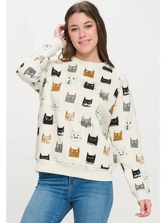 Sweat Shirt Pullover Grey Cute Multi Kitten Face Women's Sw238