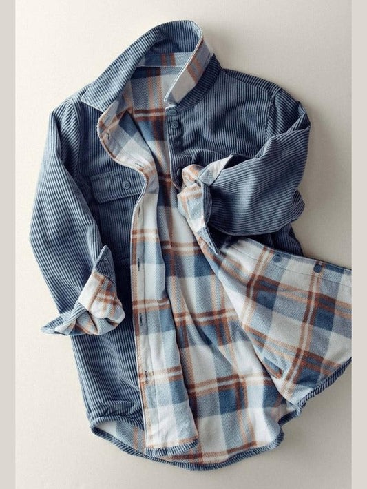 Jacket Reversible Corduroy Flannel Plaid Blue Stone Women's Tnow1221