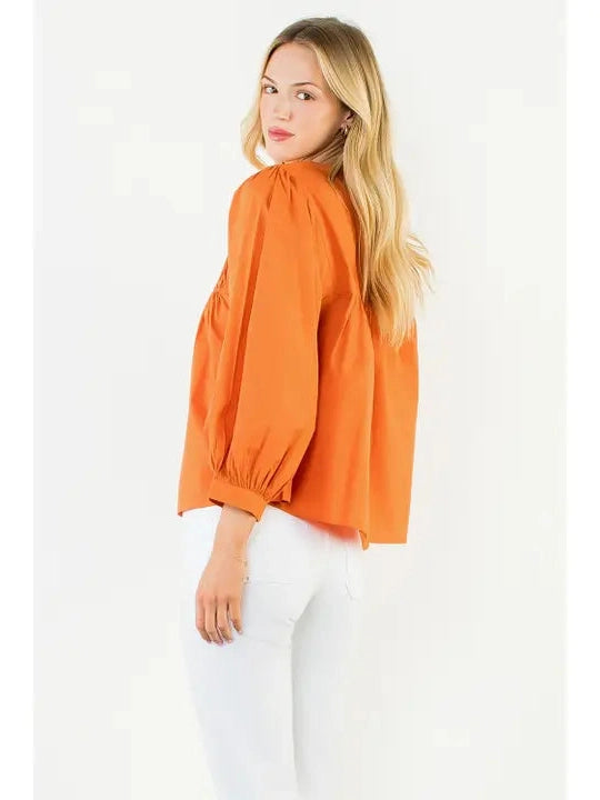 Top Pullover Smock Detail Autumn Orange 3/4 Sleeve Women's SRT2187RA