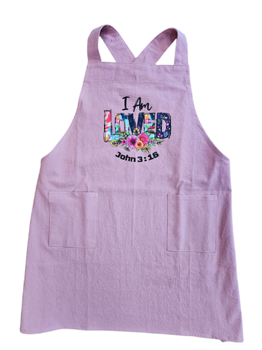 Child's Apron Pink Cotton Cross Back I Am Loved John 3:16
