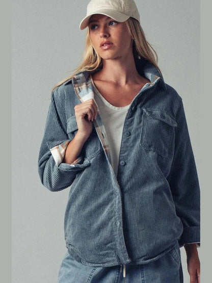 Jacket Reversible Corduroy Flannel Plaid Blue Stone Women's Tnow1221