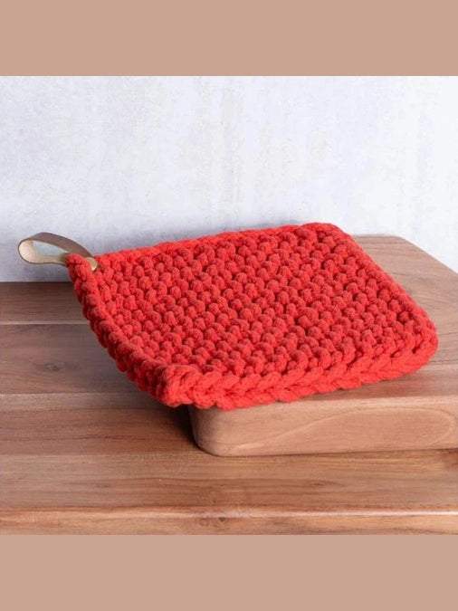 Pot Holder Red Crocheted With Leather Strap 8x8" PDJD011
