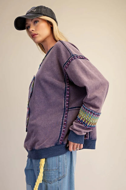 Easel-Top Pullover Terry Oversized Mineral Washed Blue Berry Women's&nbsp; ET72154BB