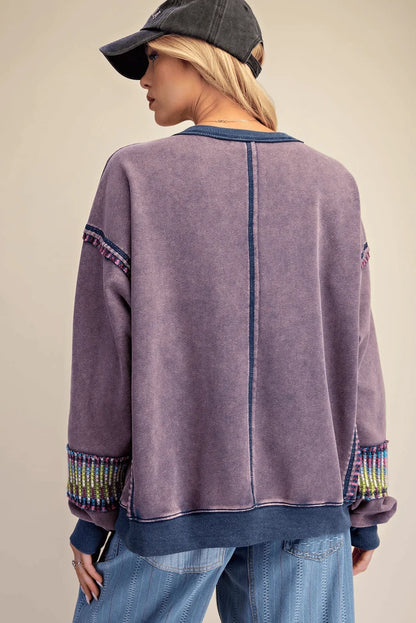 Easel-Top Pullover Terry Oversized Mineral Washed Blue Berry Women's&nbsp; ET72154BB