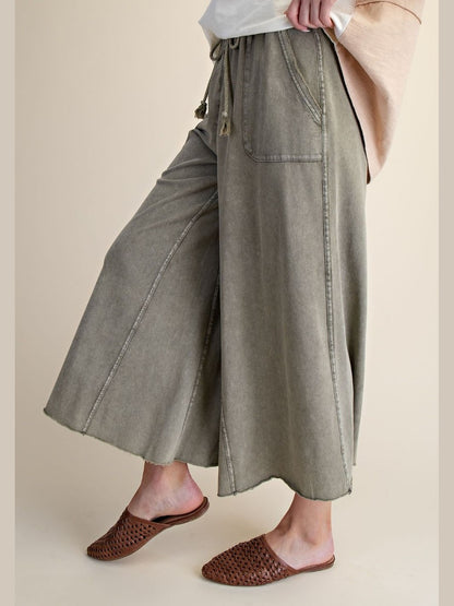 Pants Ash Green Terry Knit Draw String Wide Leg 2 Pocket Women's Eb40128A