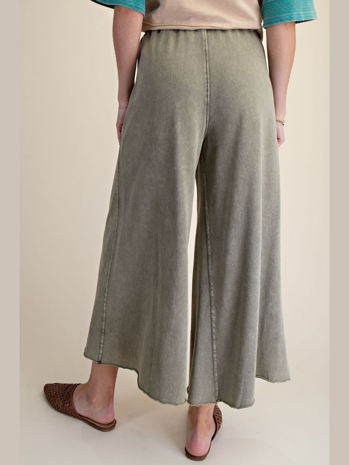 Pants Ash Green Terry Knit Draw String Wide Leg 2 Pocket Women's Eb40128A