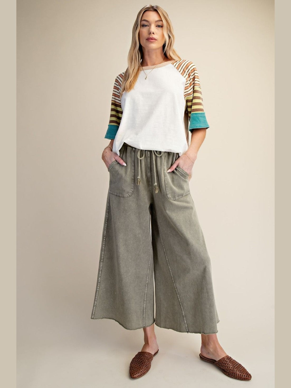 Pants Ash Green Terry Knit Draw String Wide Leg 2 Pocket Women's Eb40128A