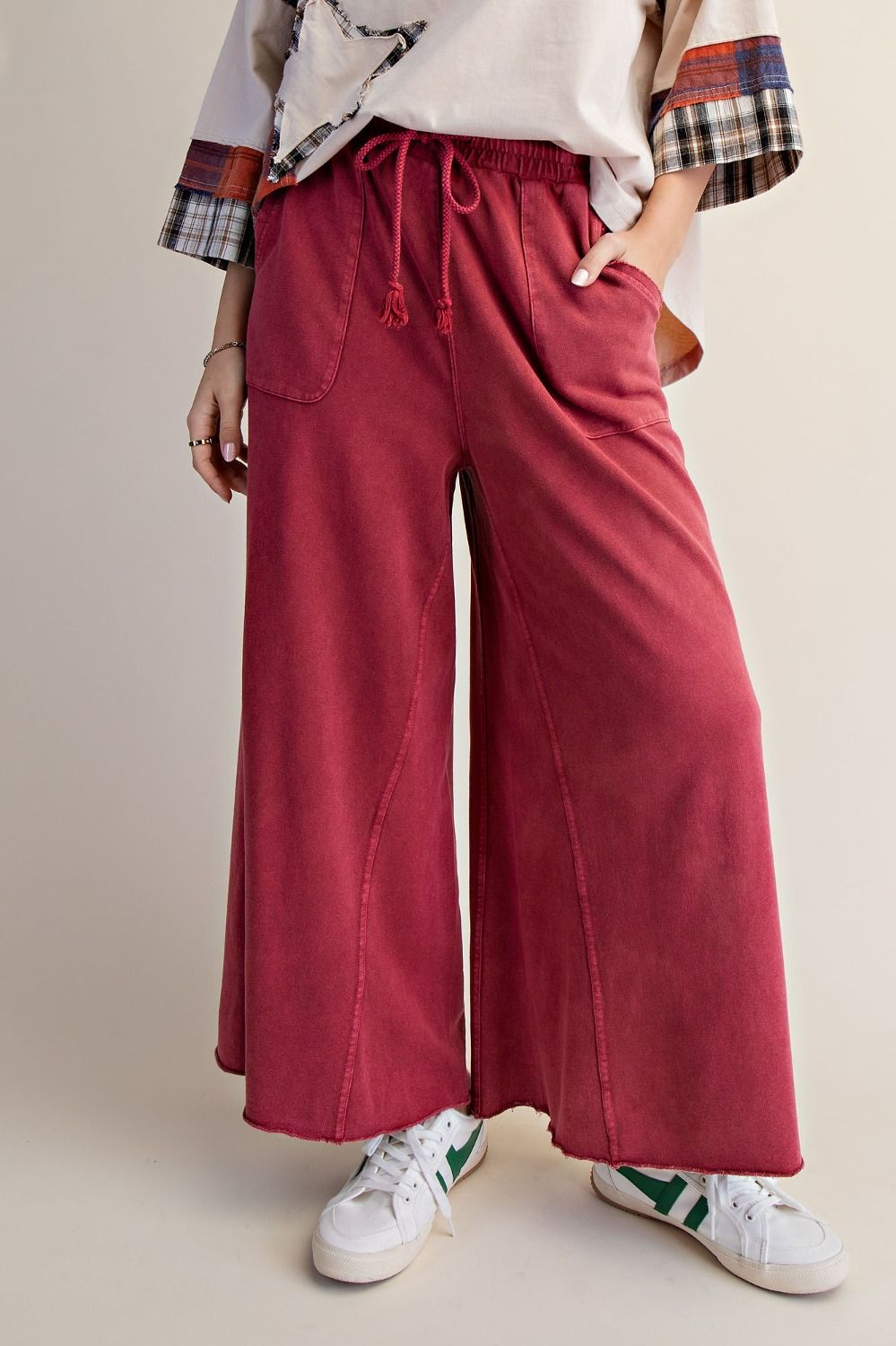 Pants Boho Red Terry Knit Draw String Wide Leg 2 Pocket Women's Eb40128BR