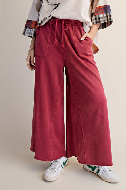 Pants Boho Red Terry Knit Draw String Wide Leg 2 Pocket Women's Eb40128BR