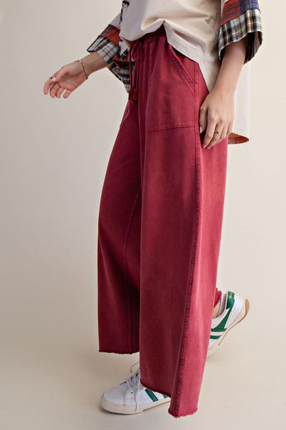 Pants Boho Red Terry Knit Draw String Wide Leg 2 Pocket Women's Eb40128BR