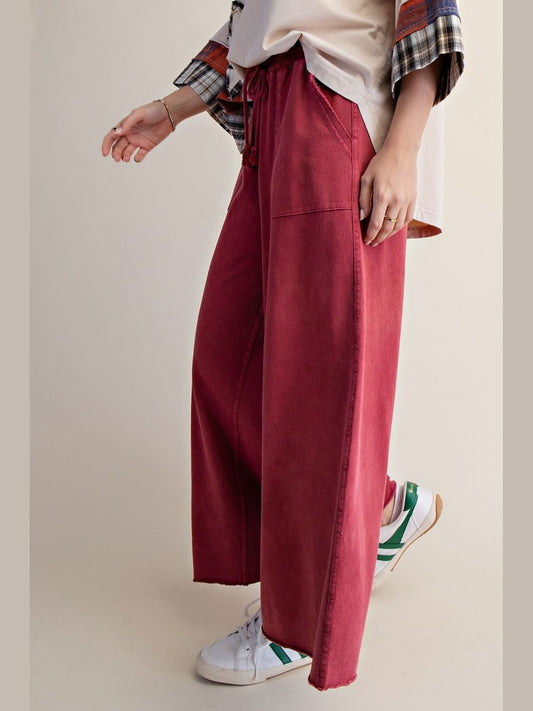 Pants Boho Red Terry Knit Draw String Wide Leg 2 Pocket Women's Eb40128BR