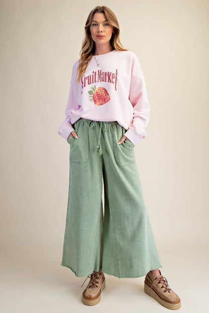 Pants Teal Green Terry Knit Draw String Wide Leg 2 Pocket Women's Eb40128tg