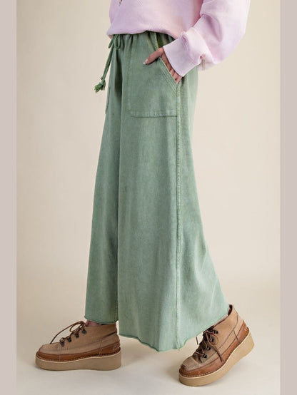 Pants Juniper Green Terry Knit Draw String Wide Leg 2 Pocket Women's Eb40128JG