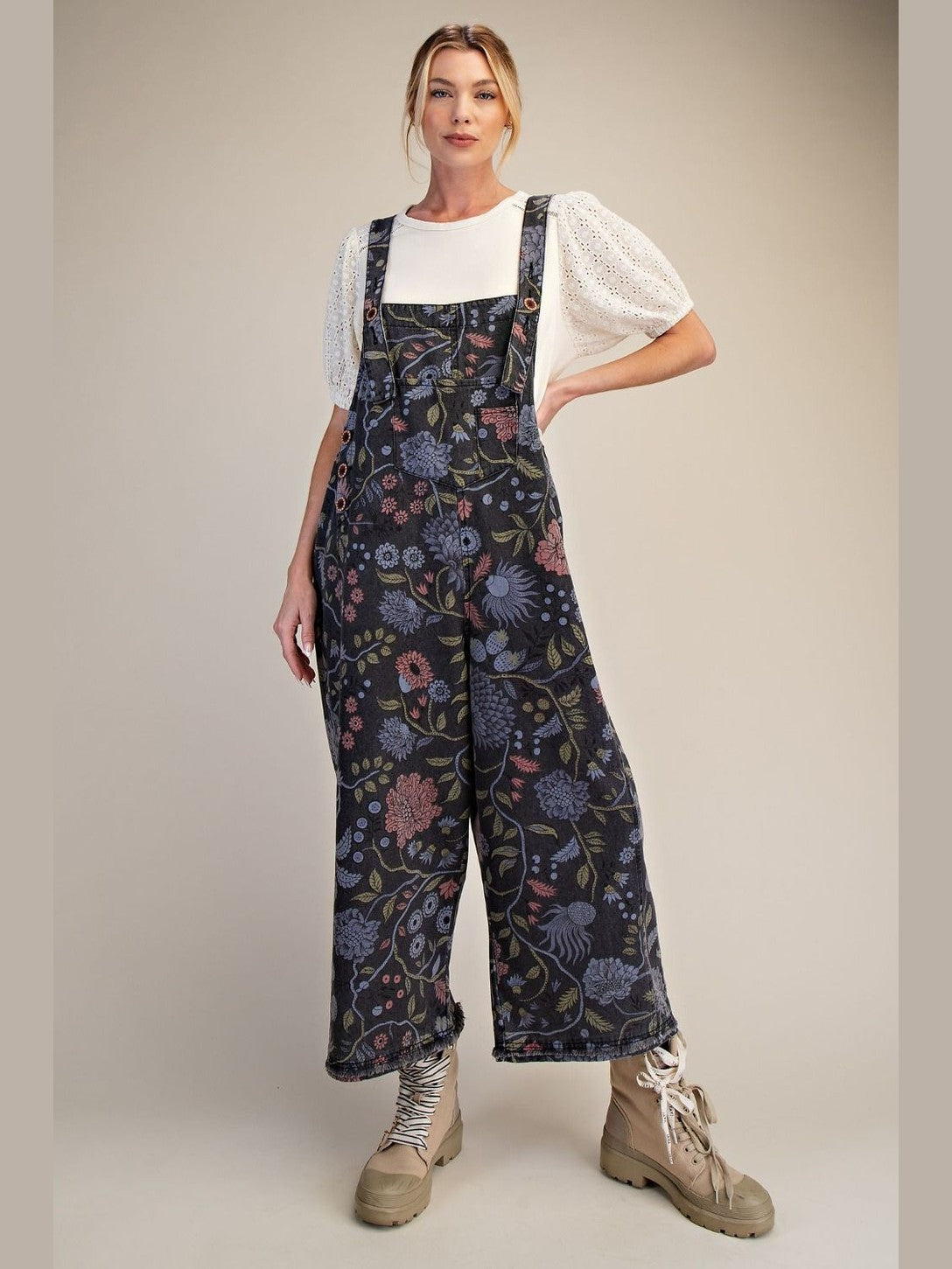 Overalls Black Denim Vintage Flower Print Women's&nbsp; EB40341F