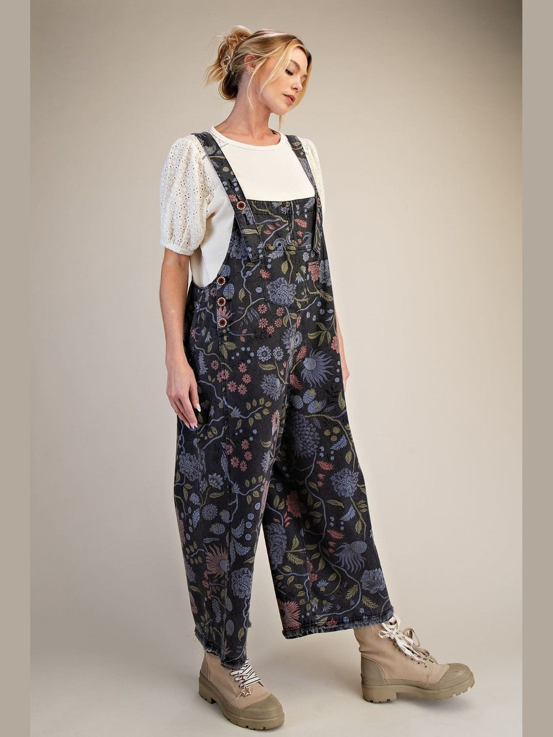 Overalls Black Denim Vintage Flower Print Women's&nbsp; EB40341F