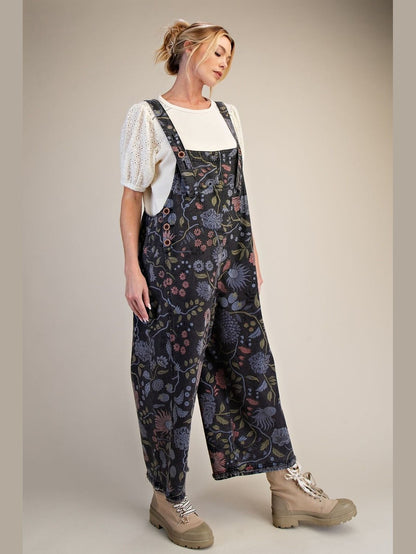 Overalls Black Denim Vintage Flower Print Women's&nbsp; EB40341F