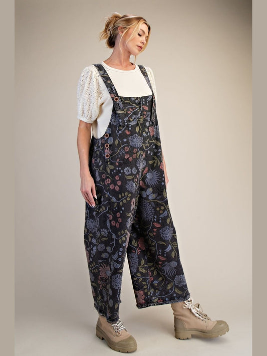 Overalls Black Denim Vintage Flower Print Women's&nbsp; EB40341F