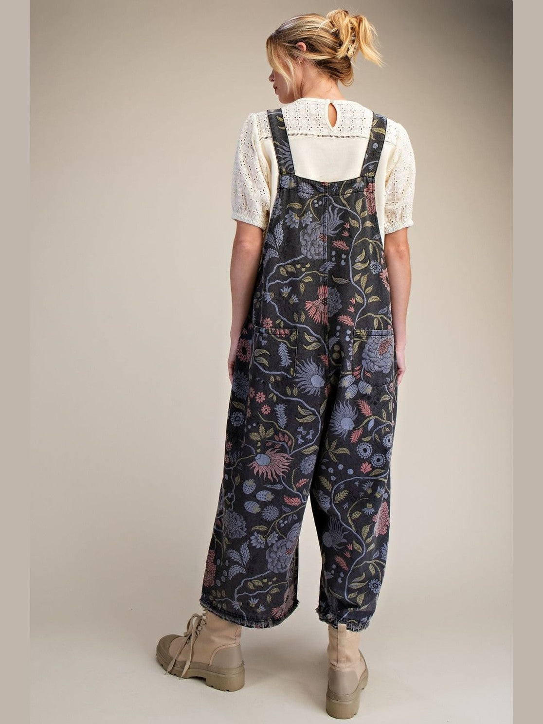 Overalls Black Denim Vintage Flower Print Women's&nbsp; EB40341F