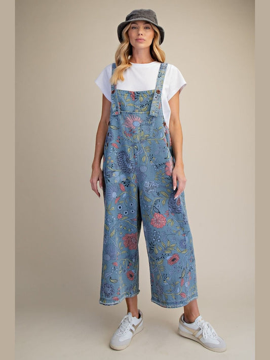 &nbsp;Easel-Overalls Washed Denim Vintage Flower Print Women's&nbsp; EB40341F