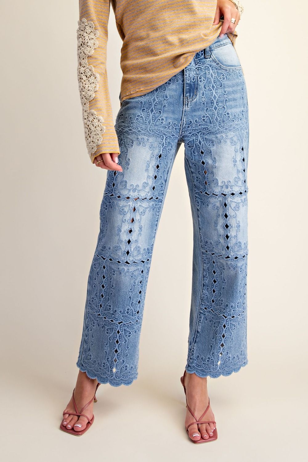 Pants Washed Denim Embroidered Cropped Ankle Women's&nbsp; EB41683