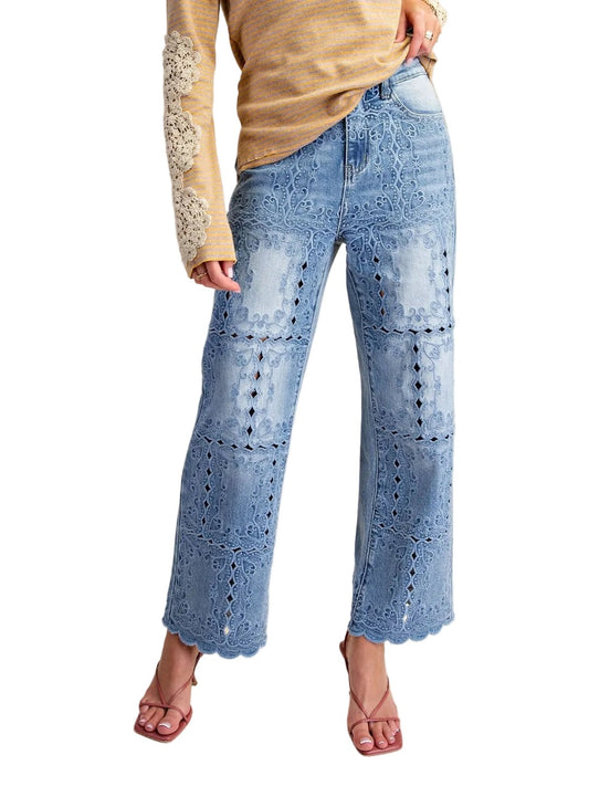 Pants Washed Denim Embroidered Cropped Ankle Women's&nbsp; EB41683