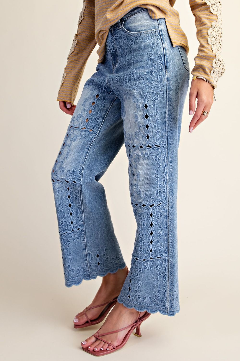 Pants Washed Denim Embroidered Cropped Ankle Women's&nbsp; EB41683