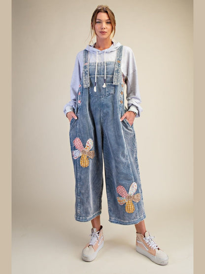 Overalls Corduroy Light Denim Blue Flower Patch Women's Eb56881
