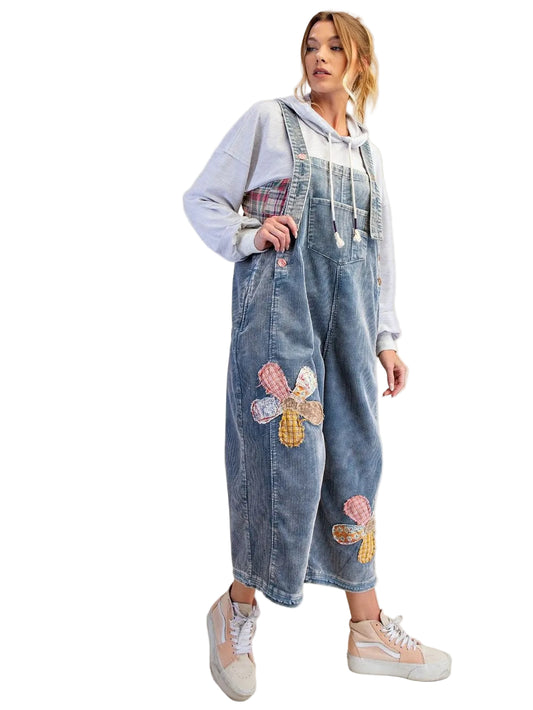 Overalls Corduroy Light Denim Blue Flower Patch Women's Eb56881