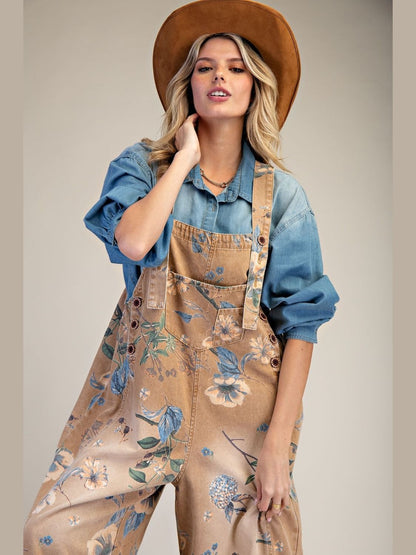 Overalls Mocha Denim Flower Print Women's  EB56886M
