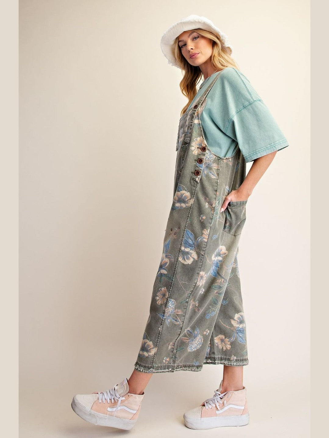 Overalls Olive Denim Flower Print Women's  EB56886