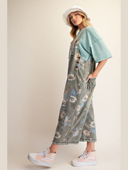 Overalls Olive Denim Flower Print Women's  EB56886