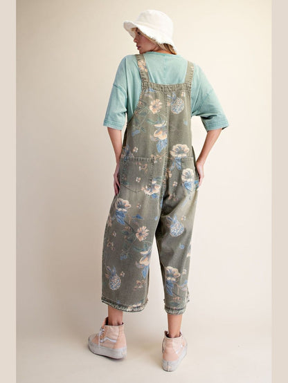 Overalls Olive Denim Flower Print Women's  EB56886