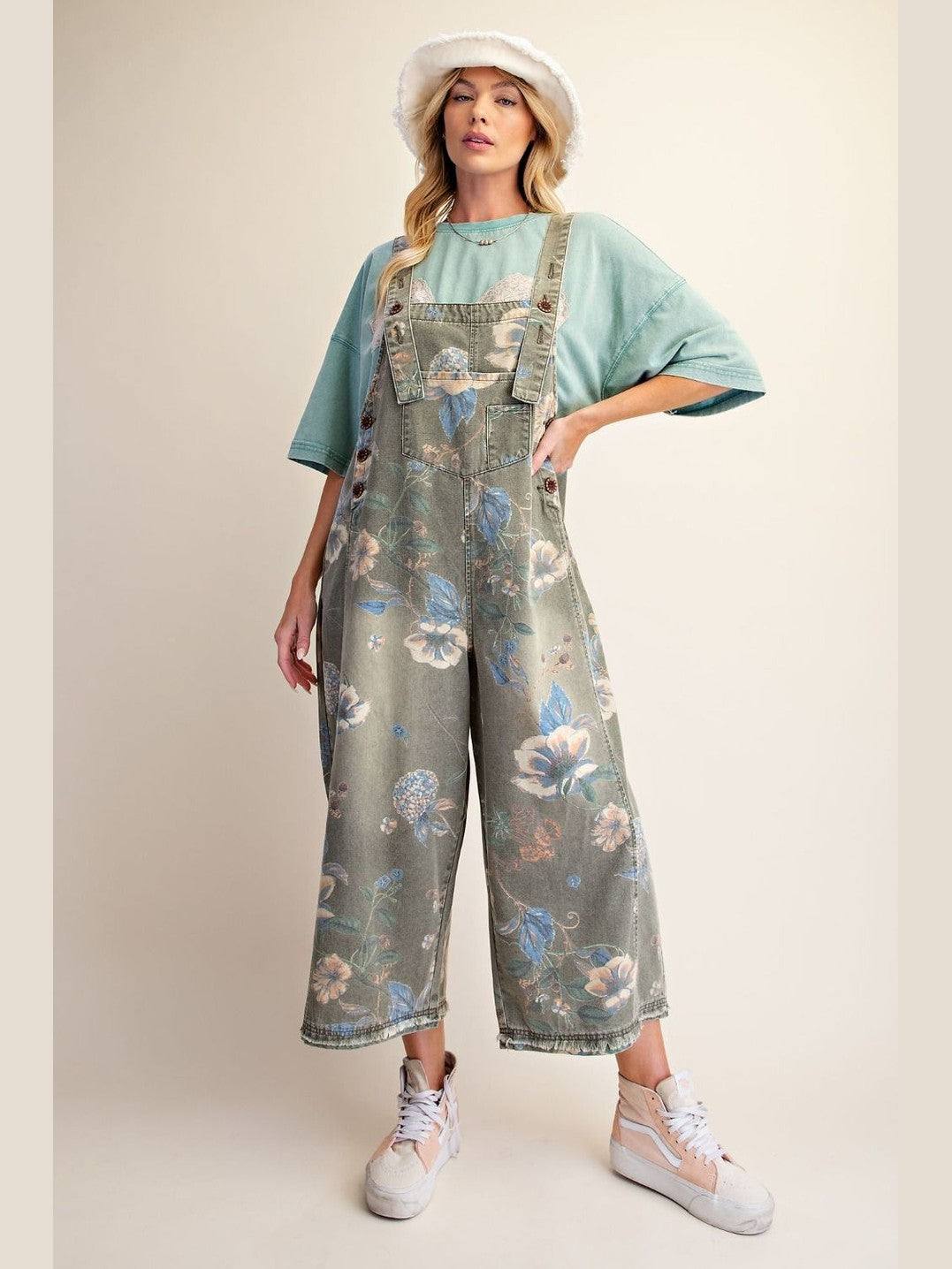 Overalls Olive Denim Flower Print Women's  EB56886