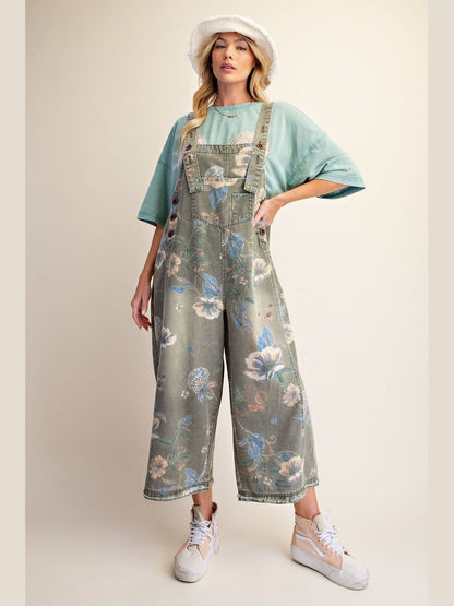 Overalls Olive Denim Flower Print Women's  EB56886