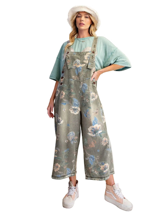 Overalls Olive Denim Flower Print Women's  EB56886
