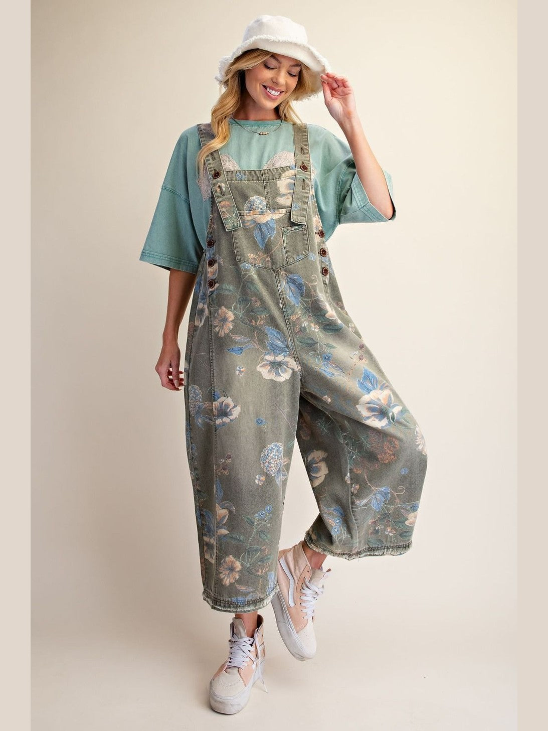 Overalls Olive Denim Flower Print Women's  EB56886
