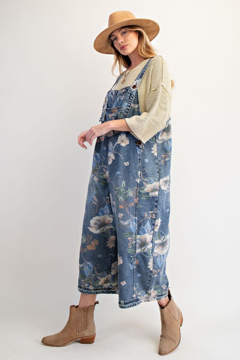 Overalls Washed Blue Denim Flower Print Women's  EB56886