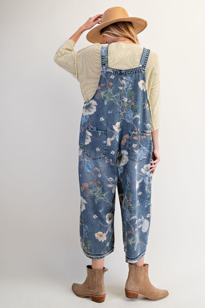 Overalls Washed Blue Denim Flower Print Women's  EB56886